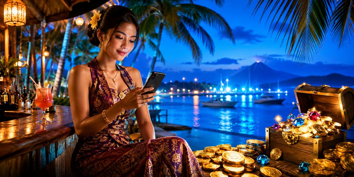 Pesta kasino mobile dengan dekorasi neon yang meriah dan pemain antusias
