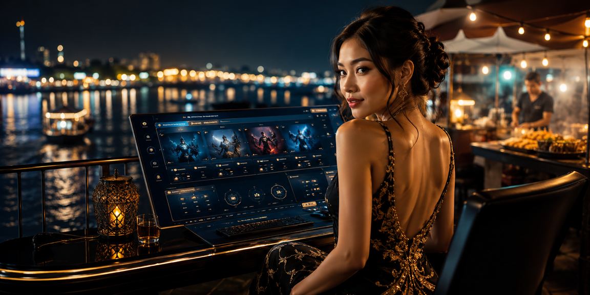 Suasana taruhan esports di tepi pantai dengan layar besar dan penonton antusias